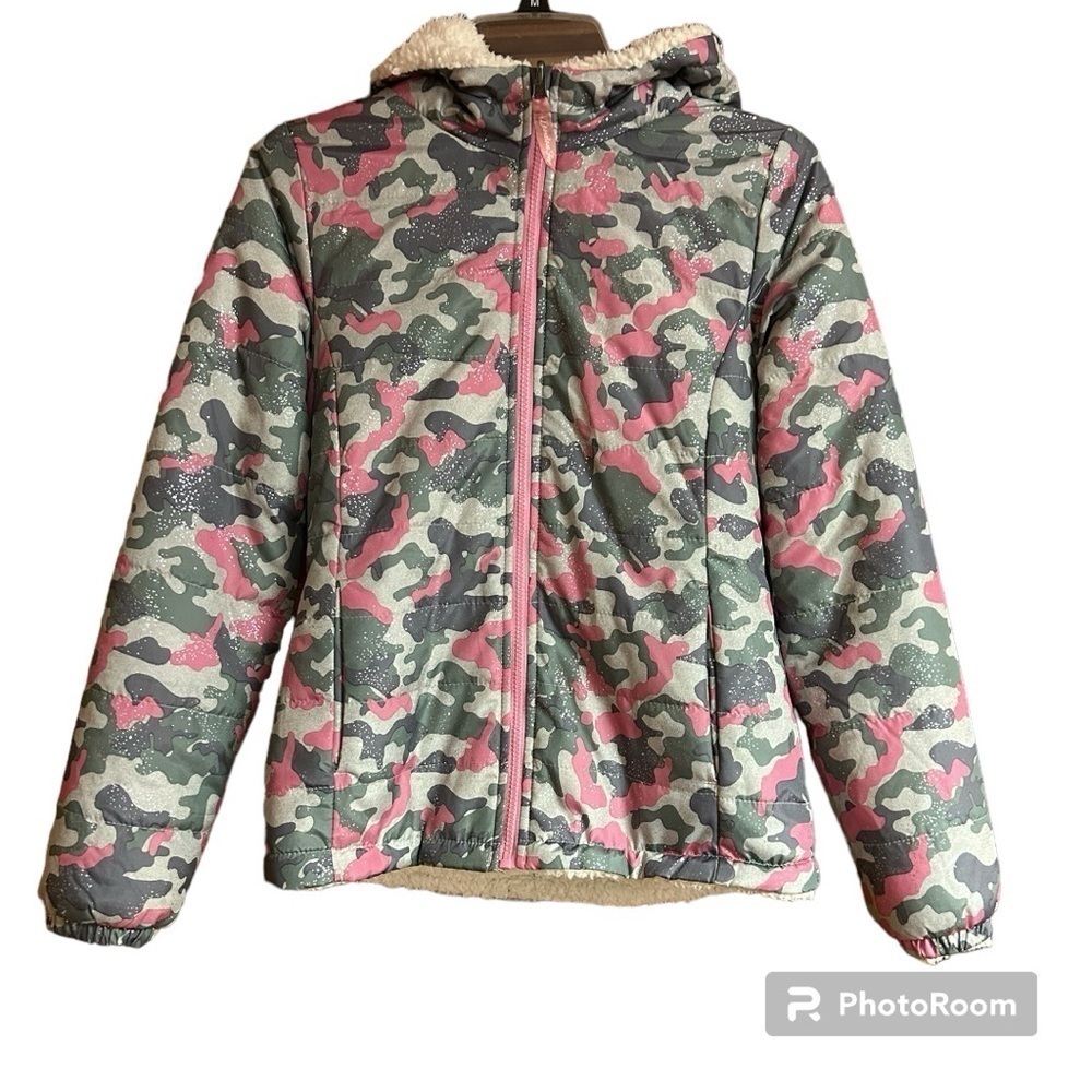 BIG GIRLS LONDON FOG REVERSIBLE CAMO/TEDDY BEAR FLEECE JACKET